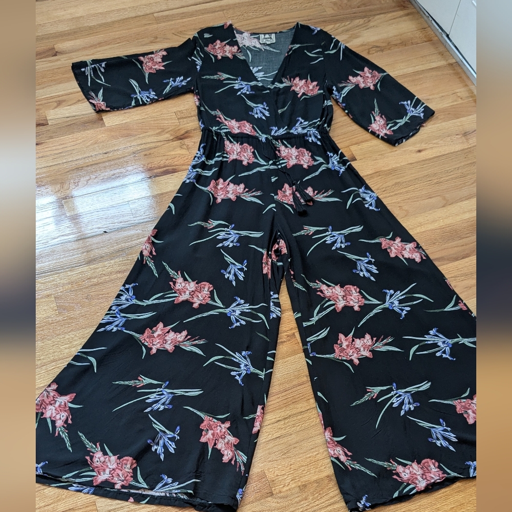 Jaase Black Wide Leg Floral Jumpsuit with Pink and Blue Flowers